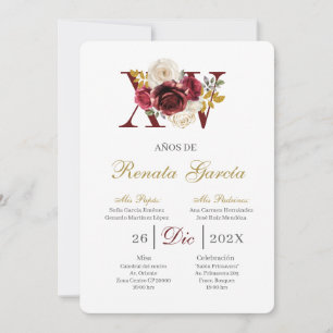 Burgundy floral quinceañera invitation