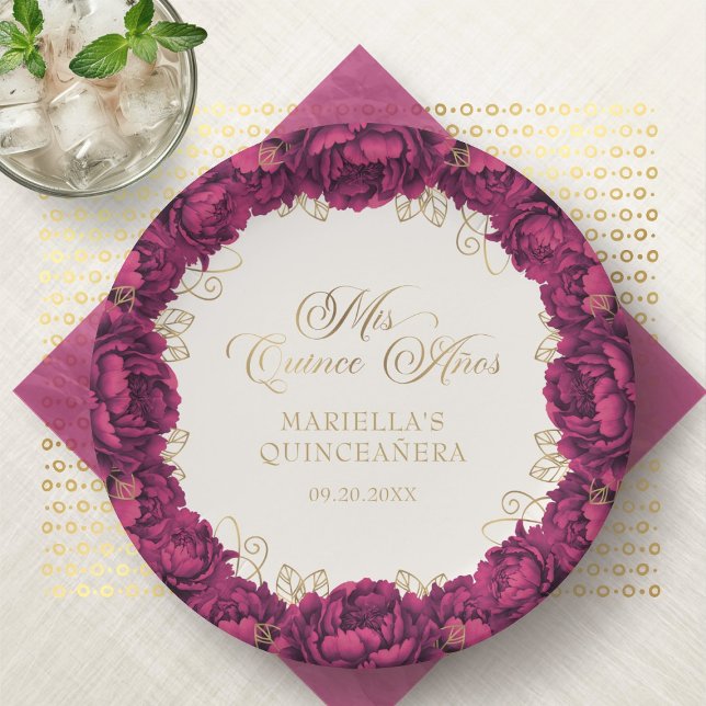Burgundy Floral Quinceanera Paper Plates (Creator Uploaded)