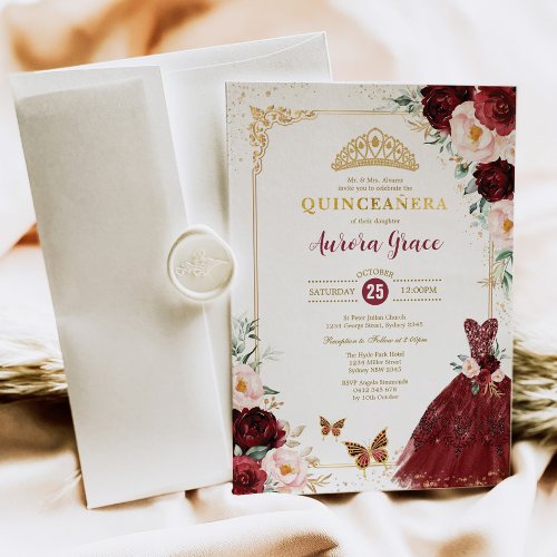 Burgundy Floral Quinceaera Princess Mis Quince  Invitation