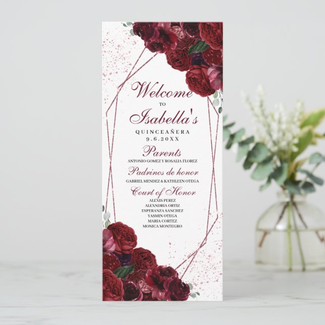 Burgundy Floral Quinceanera Program (Standing Front)