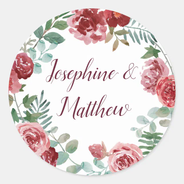 Burgundy Floral Rose Foliage Wedding Classic Round Sticker | Zazzle