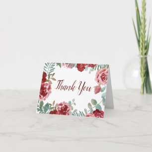 Burgundy Floral Rose Foliage Wedding Thank You Card