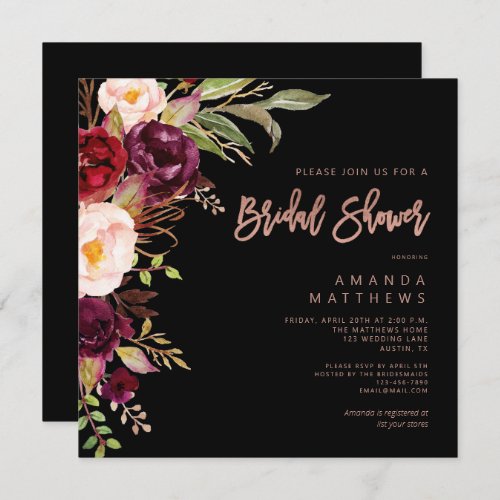 Burgundy Floral Rose Gold Black Bridal Shower Invitation