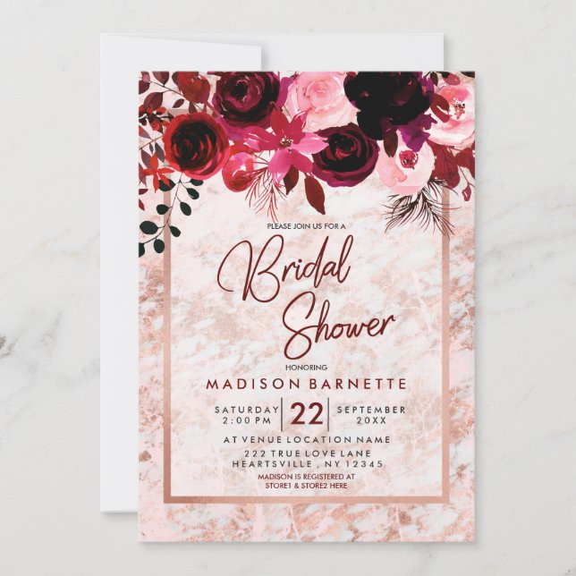 Burgundy Floral Rose Gold Bridal Shower Invitation (Front)