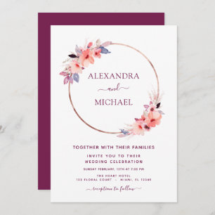 Burgundy Floral Rose Gold Geometric Wedding Invitation
