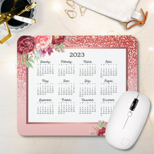 Burgundy Floral Rose Gold Glitter 2023 Calendar Mouse Pad