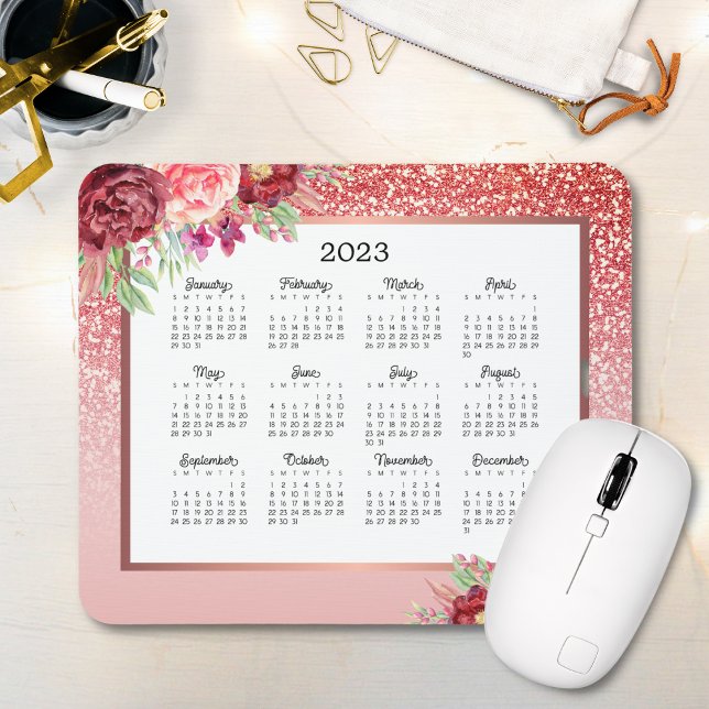Burgundy Floral Rose Gold Glitter 2023 Calendar Mouse Pad (Creator Uploaded)
