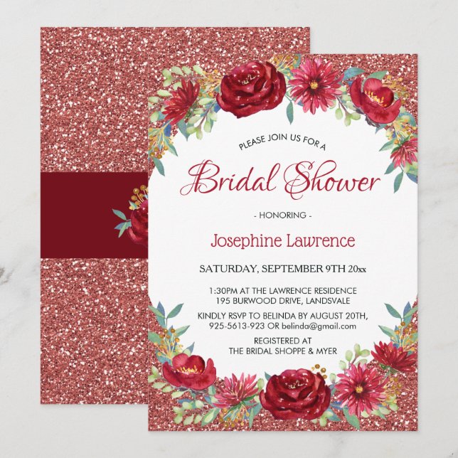 Burgundy Floral Rose Gold Glitter Bridal Shower Invitation (Front/Back)