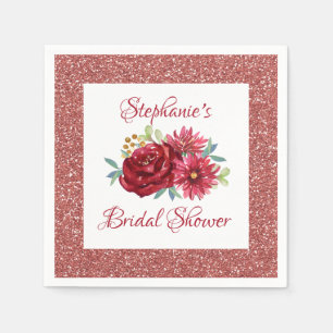 Burgundy Floral Rose Gold Glitter Bridal Shower Napkins