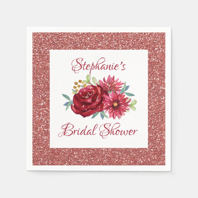 Burgundy Floral Rose Gold Glitter Bridal Shower Napkins (Front)