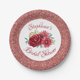 Burgundy Floral Rose Gold Glitter Bridal Shower Paper Plates