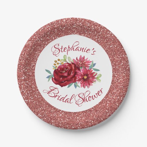 Burgundy Floral Rose Gold Glitter Bridal Shower Paper Plates