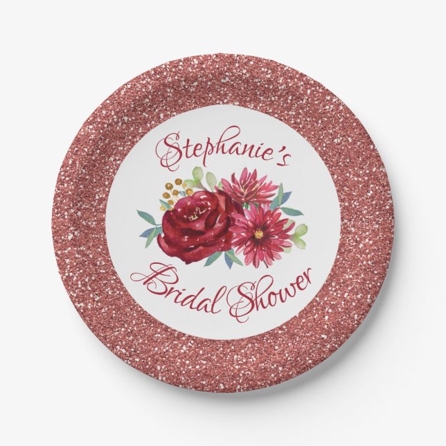 Burgundy Floral Rose Gold Glitter Bridal Shower Paper Plates (Front)