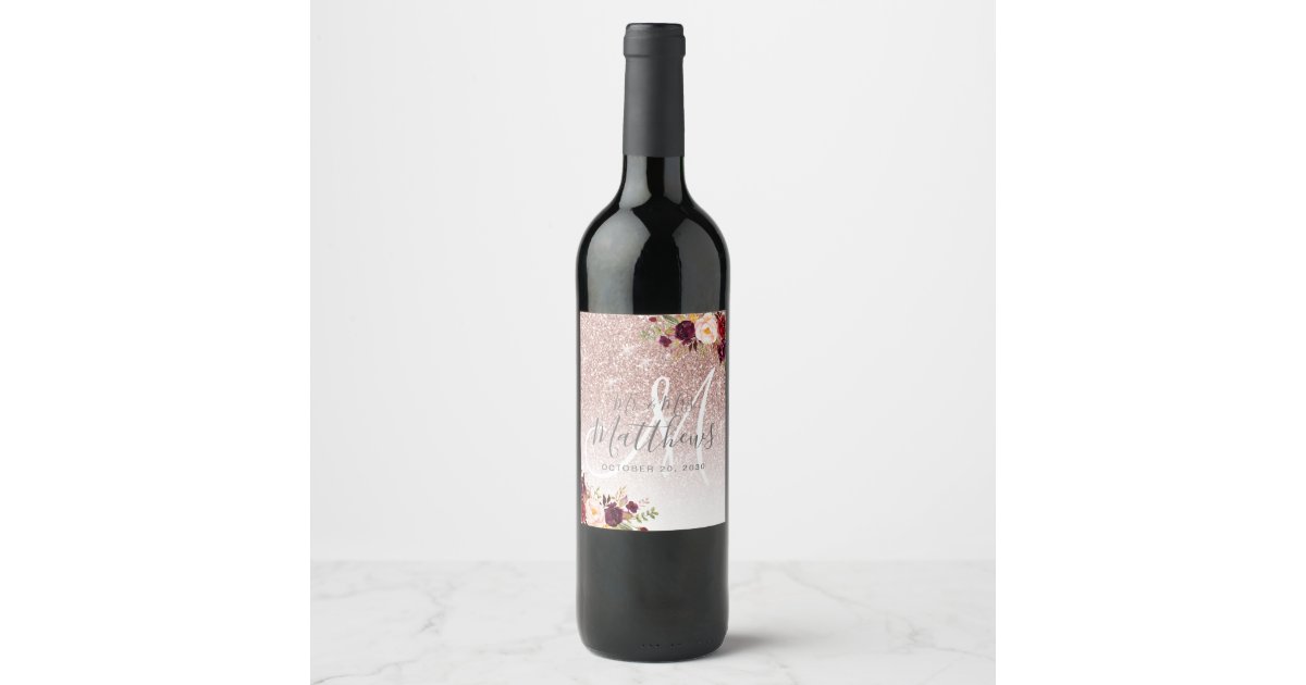 Burgundy Floral Rose Gold Glitter Monogram Wedding Wine Label | Zazzle