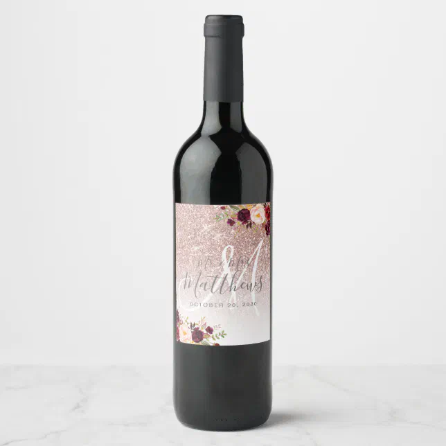 Burgundy Floral Rose Gold Glitter Monogram Wedding Wine Label | Zazzle
