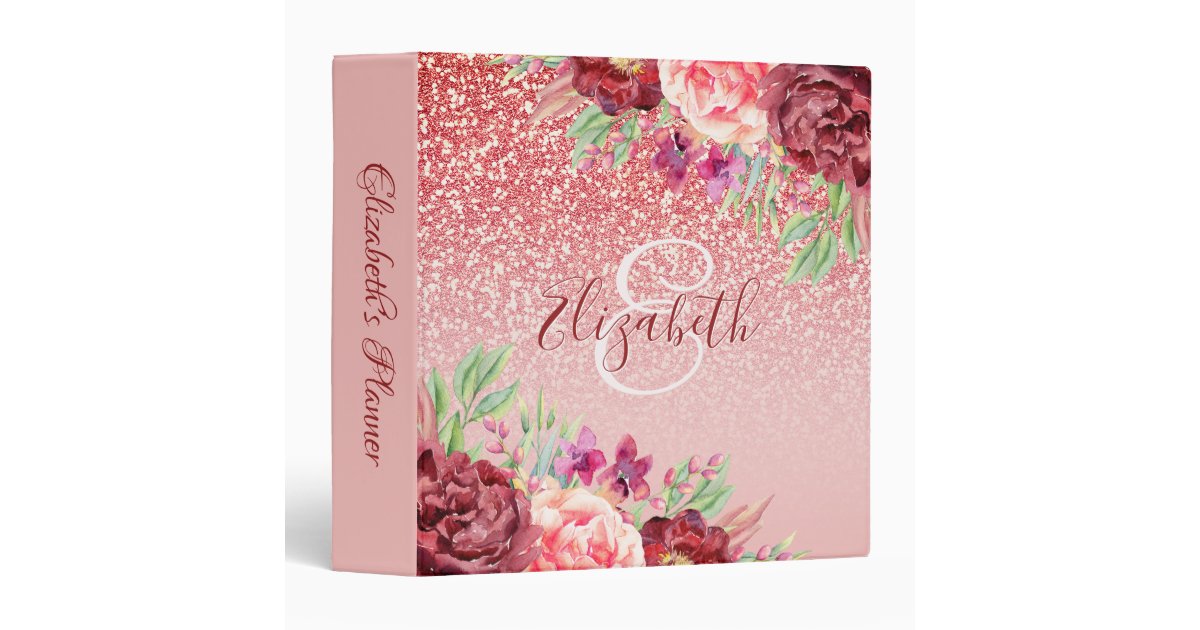 Burgundy Floral Rose Gold Glitter Personalized 3 Ring Binder | Zazzle