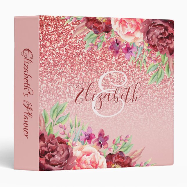 Burgundy Floral Rose Gold Glitter Personalized 3 Ring Binder (Front/Spine)