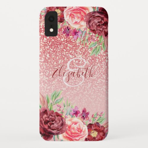 Burgundy Floral Rose Gold Glitter Personalized iPhone XR Case