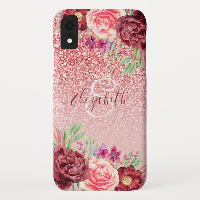 Burgundy Floral Rose Gold Glitter Personalized Case-Mate iPhone Case (Back)
