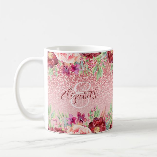Burgundy Floral Rose Gold Glitter Personalized Coffee Mug (Left)