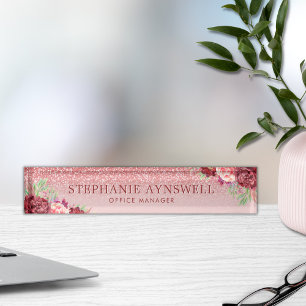 Burgundy Floral Rose Gold Glitter Personalized Desk Name Plate
