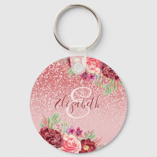 Burgundy Floral Rose Gold Glitter Personalized Keychain
