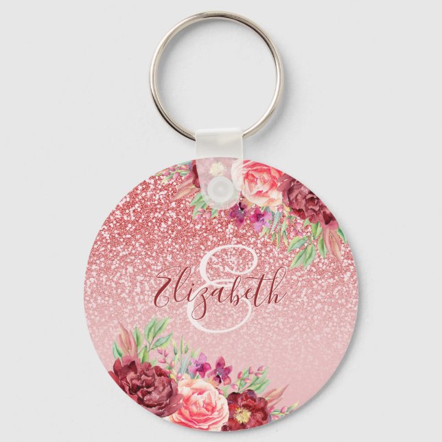 Burgundy Floral Rose Gold Glitter Personalized Keychain (Front)