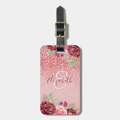 Burgundy Floral Rose Gold Glitter Personalized Luggage Tag