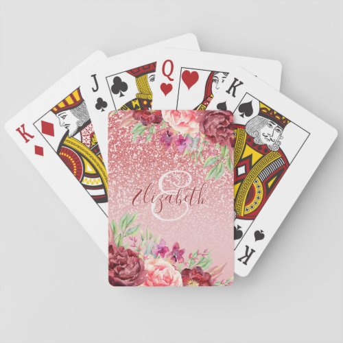 Burgundy Floral Rose Gold Glitter Personalized Poker Cards
