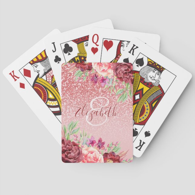 Burgundy Floral Rose Gold Glitter Personalized Poker Cards (Back)