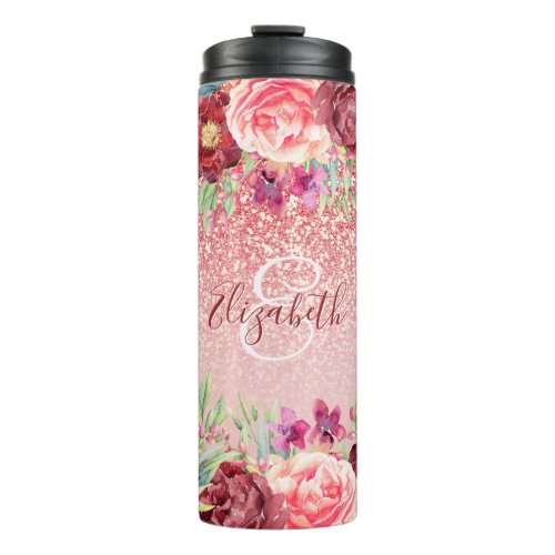 Burgundy Floral Rose Gold Glitter Personalized Thermal Tumbler
