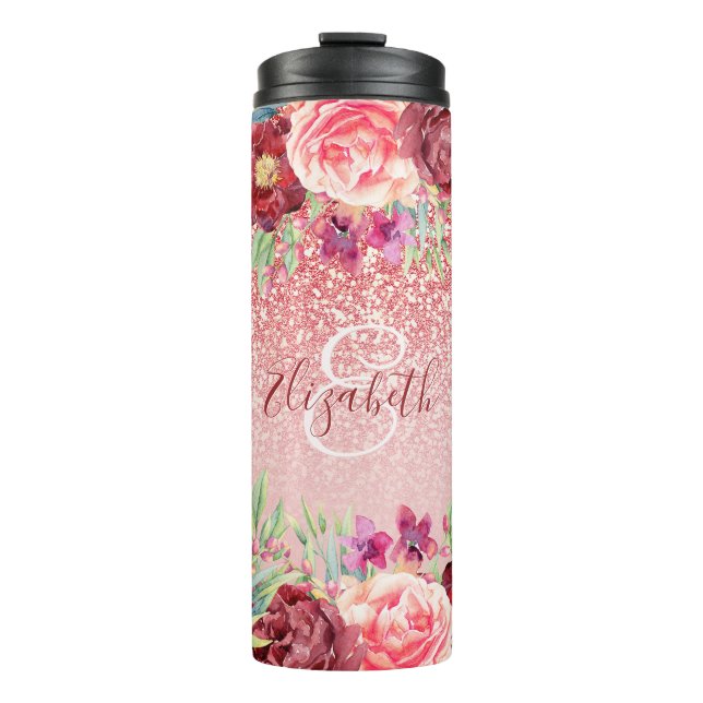 Burgundy Floral Rose Gold Glitter Personalized Thermal Tumbler (Front)