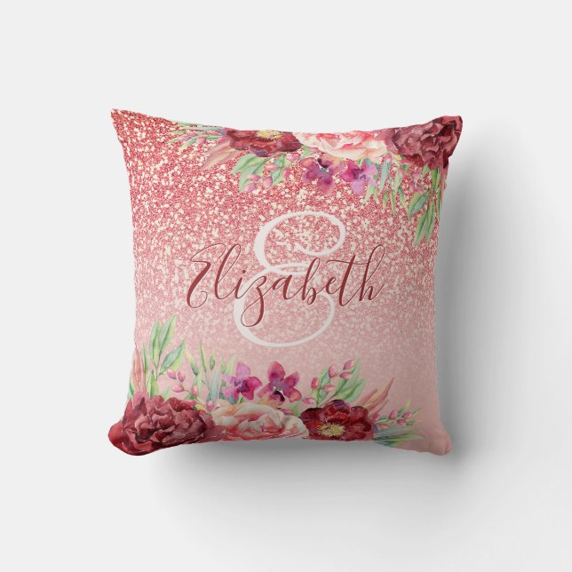 Burgundy Floral Rose Gold Glitter Personalized Throw Pillow (Front)