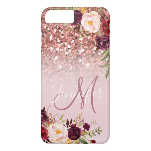 Burgundy Floral Rose Gold Glitter Sparkles Name iPhone 8 Plus7 Plus Case
