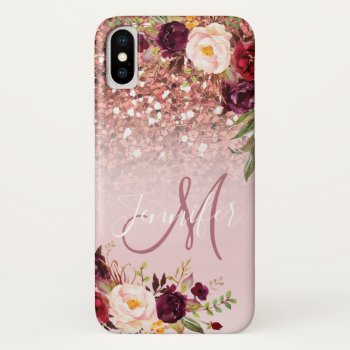 Burgundy Floral Rose Gold Glitter Sparkles Name Iphone Xs Case by epclarke at Zazzle