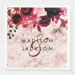 Burgundy Floral Rose Gold Marble Wedding Monogram Paper Dinner Napkins