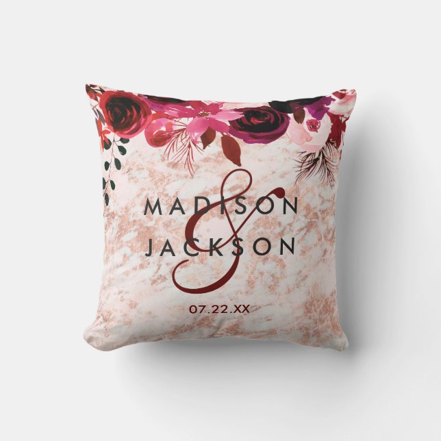Burgundy Floral Rose Gold Marble Wedding Monogram Throw Pillow (Front)