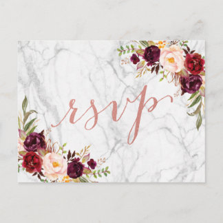 Burgundy Floral Rose Gold Marble Wedding RSVP Invitation Postcard