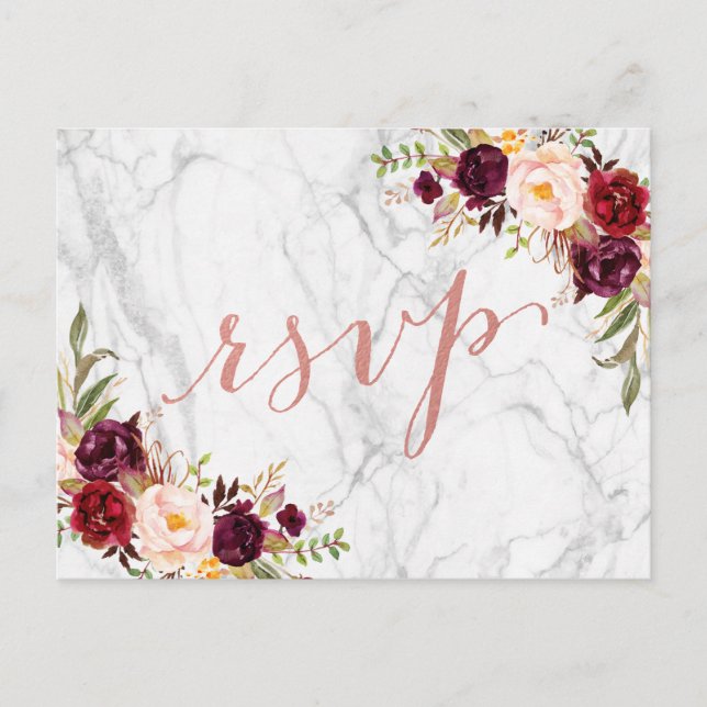 Burgundy Floral Rose Gold Marble Wedding RSVP Invitation Postcard (Front)