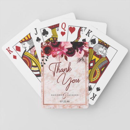 Burgundy Floral Rose Gold Marble Wedding Thank You Poker Cards