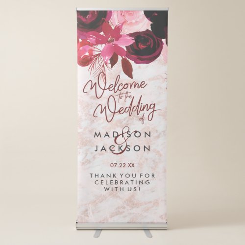 Burgundy Floral  Rose Gold Marble Wedding Welcome Retractable Banner