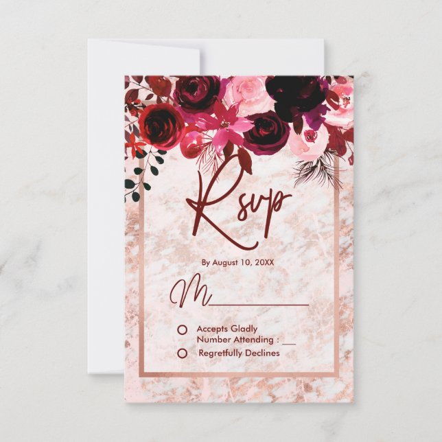 Burgundy Floral & Rose Gold Marbled Wedding RSVP Card (Front)