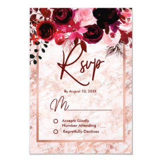 Burgundy Floral & Rose Gold Marbled Wedding RSVP Card