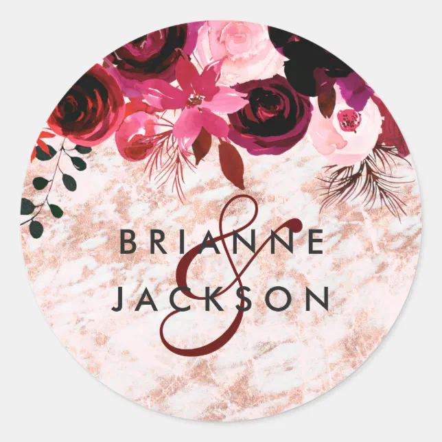 Burgundy Floral & Rose Gold Monogram Wedding Classic Round Sticker | Zazzle