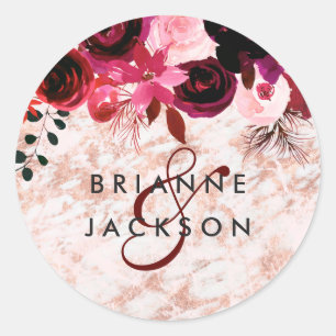 Burgundy Floral & Rose Gold Monogram Wedding Classic Round Sticker