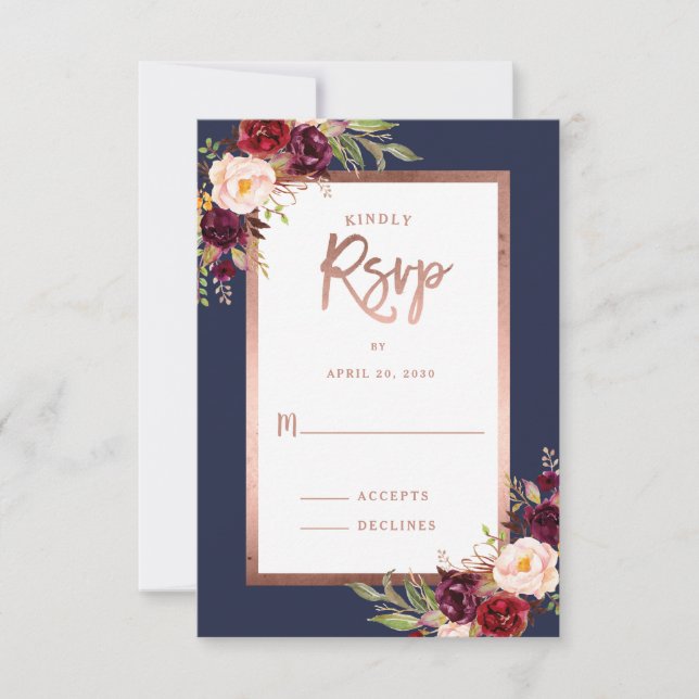 Burgundy Floral Rose Gold Moody Wedding RSVP (Front)