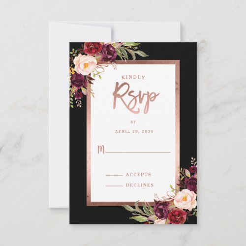 Burgundy Floral Rose Gold Moody Wedding RSVP