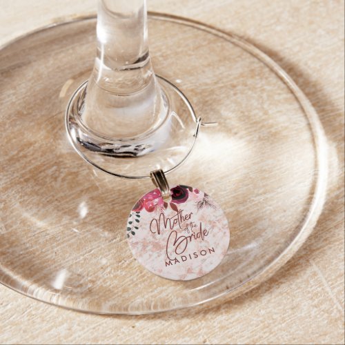 Burgundy Floral  Rose Gold Mother of the Bride Wine Glass Charm