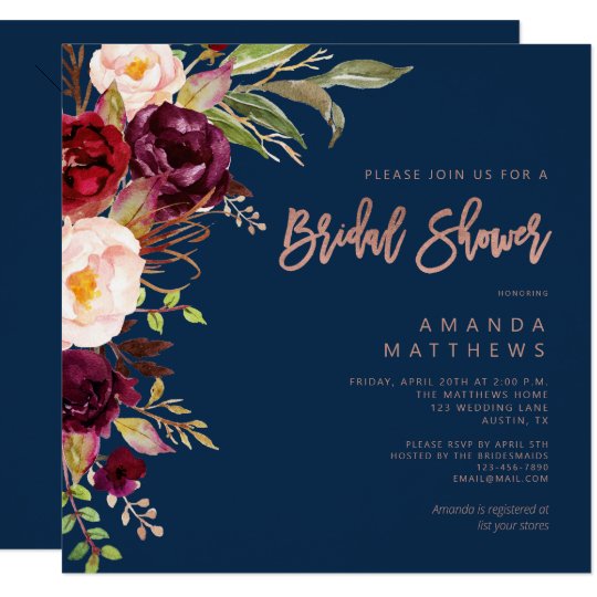 Burgundy Floral Rose Gold Navy Blue Bridal Shower Invitation