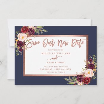 Burgundy Floral Rose Gold Navy Blue Save The Date by epclarke at Zazzle